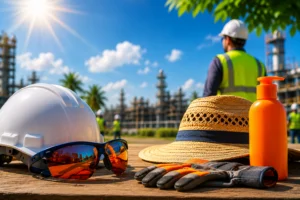 image casque de chantier , gant de protection, lunette de soleil